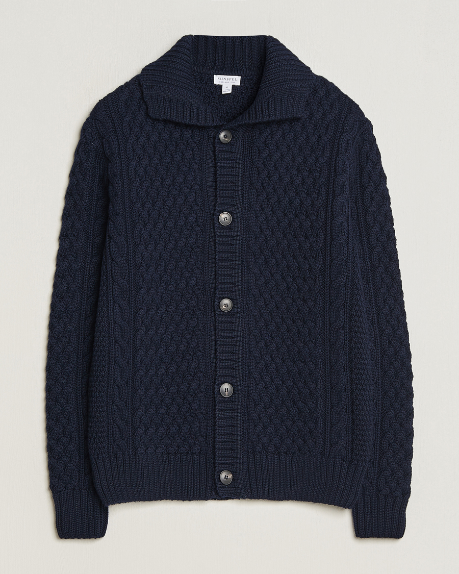 Herre | Trøjer | Sunspel | Cable Knit Jacket Navy