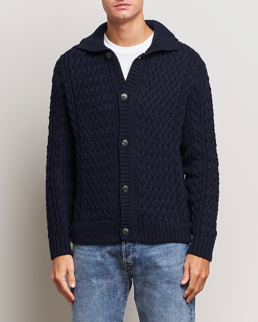 Herre | Trøjer | Sunspel | Cable Knit Jacket Navy