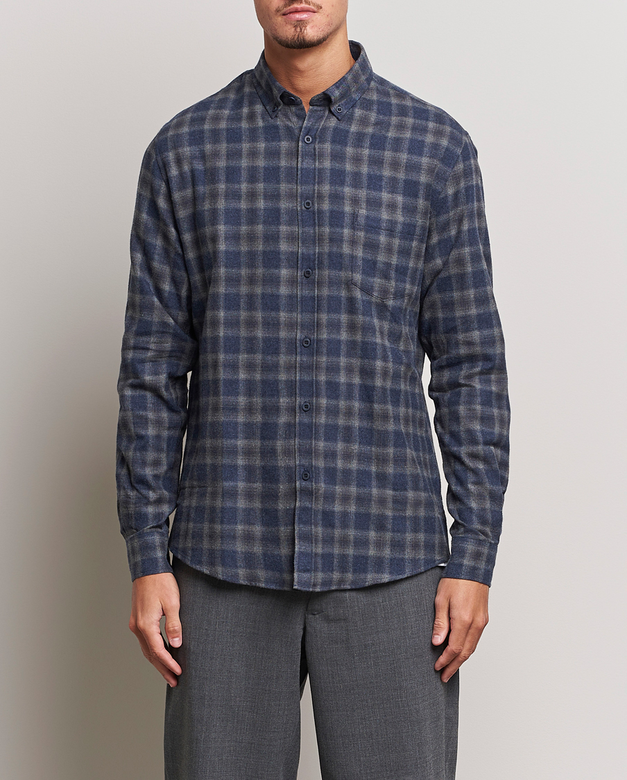 Herre |  | Sunspel | Brushed Cotton Flannel Shirt Grey/Blue Check