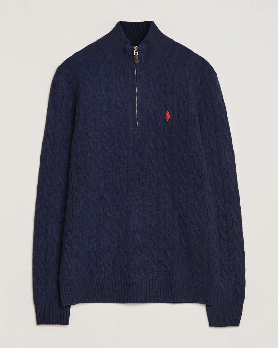 Herre | Strikkede trøjer | Polo Ralph Lauren | Wool/Cashmere Cable Half Zip Hunter Navy