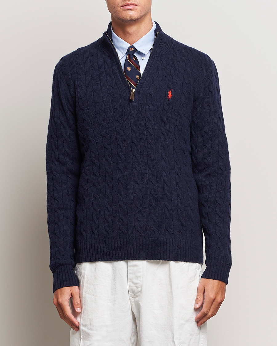 Herre | Strikkede trøjer | Polo Ralph Lauren | Wool/Cashmere Cable Half Zip Hunter Navy