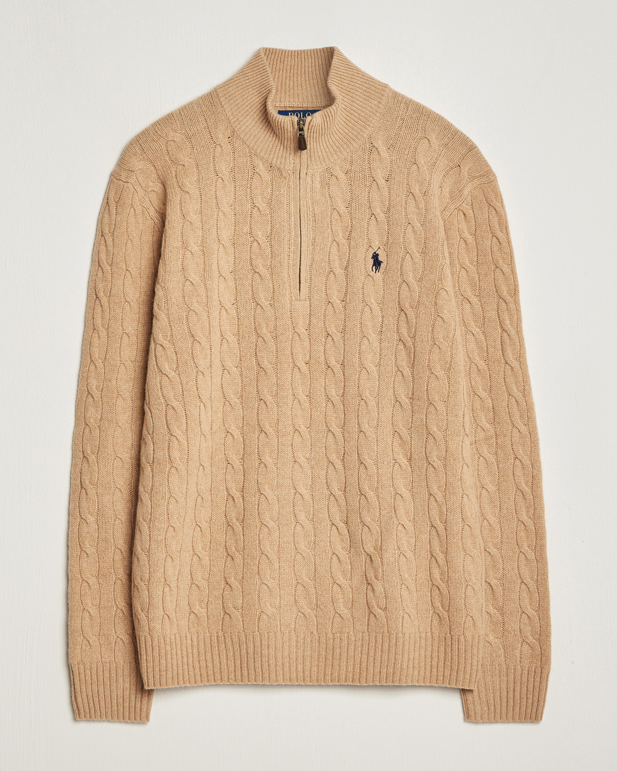 Herre | Strikkede trøjer | Polo Ralph Lauren | Wool/Cashmere Cable Half Zip Camel Melange