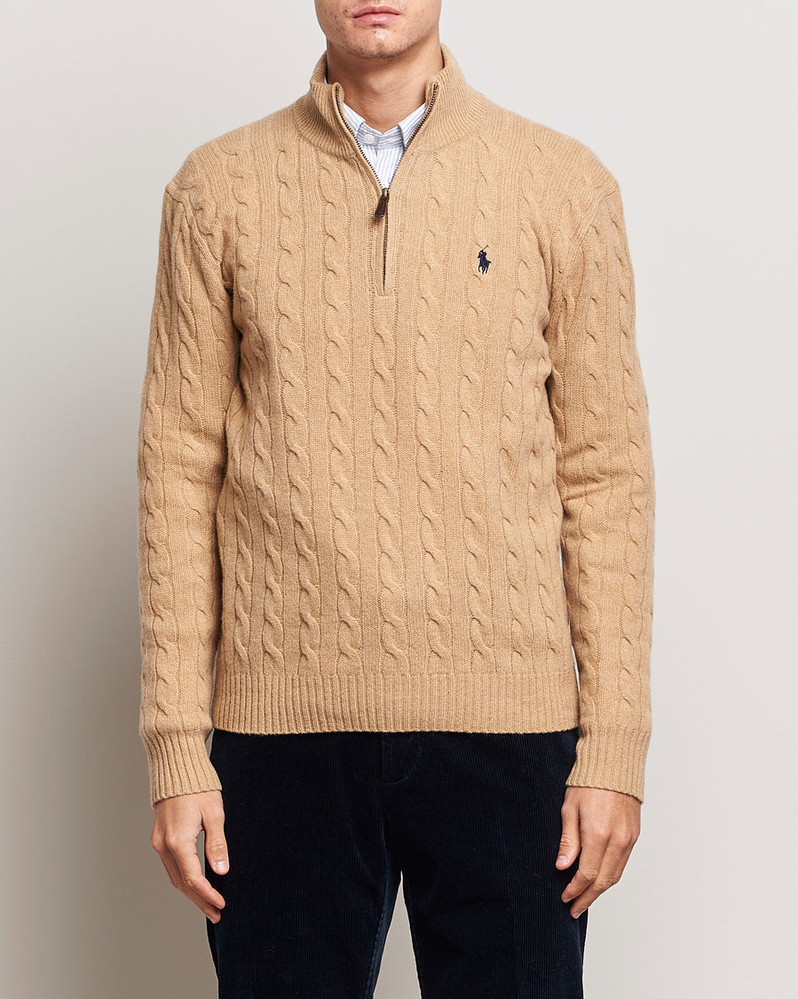 Herre | Strikkede trøjer | Polo Ralph Lauren | Wool/Cashmere Cable Half Zip Camel Melange