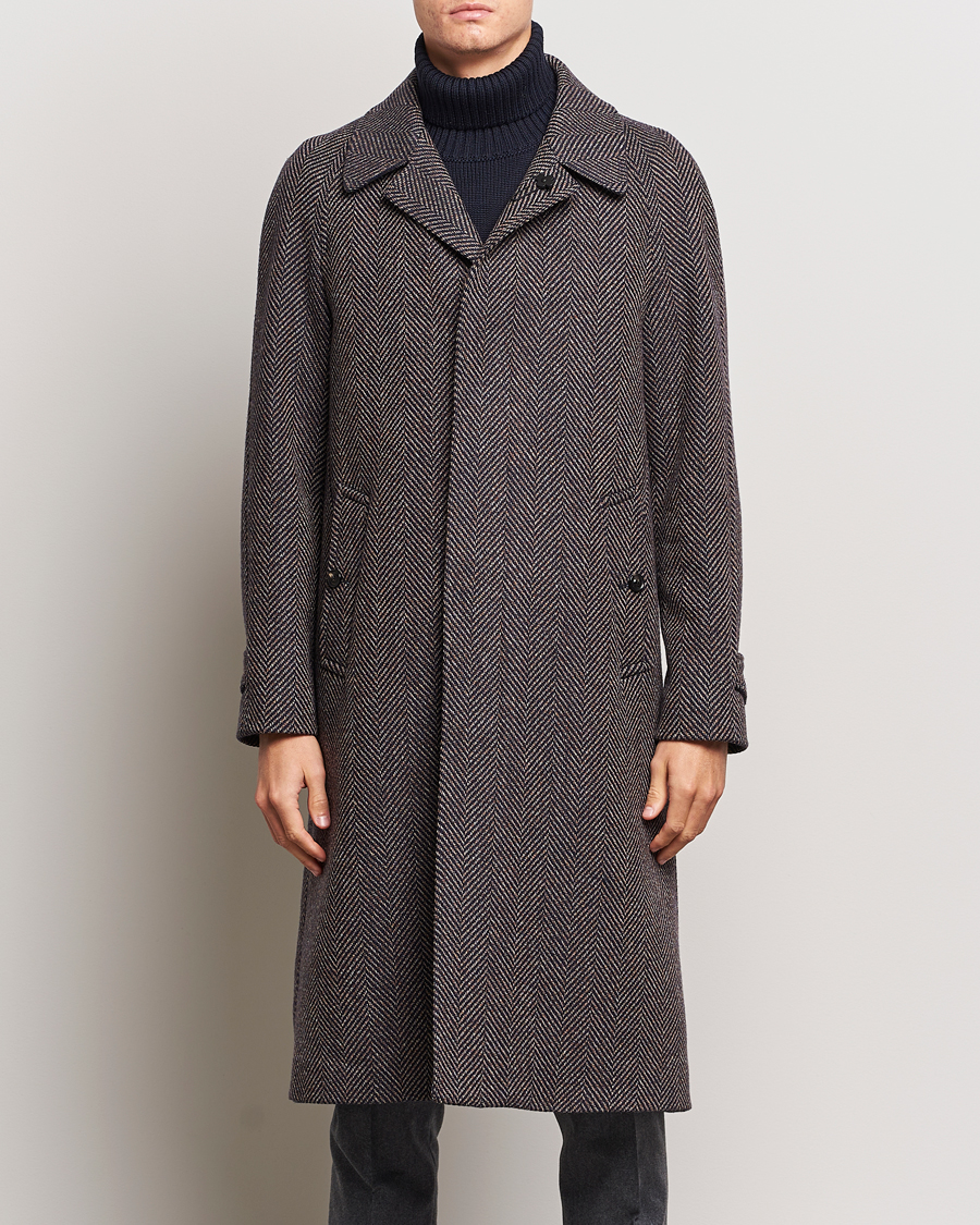 Herre | Jakker | Lardini | Wool/Cashmere Herringbone Raglan Coat Navy/Brown