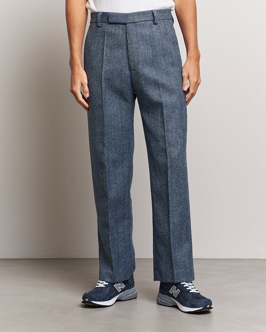 Herre | Bukser | Palmes | Pleated Wool Trousers Navy Herringbone