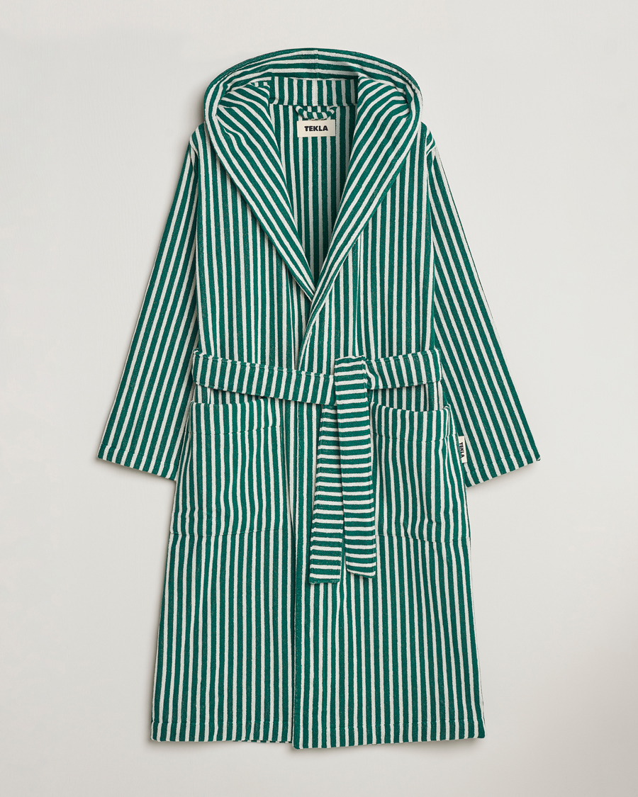 Herre |  | Tekla | Organic Terry Hooded Bathrobe Teal Green Stripes