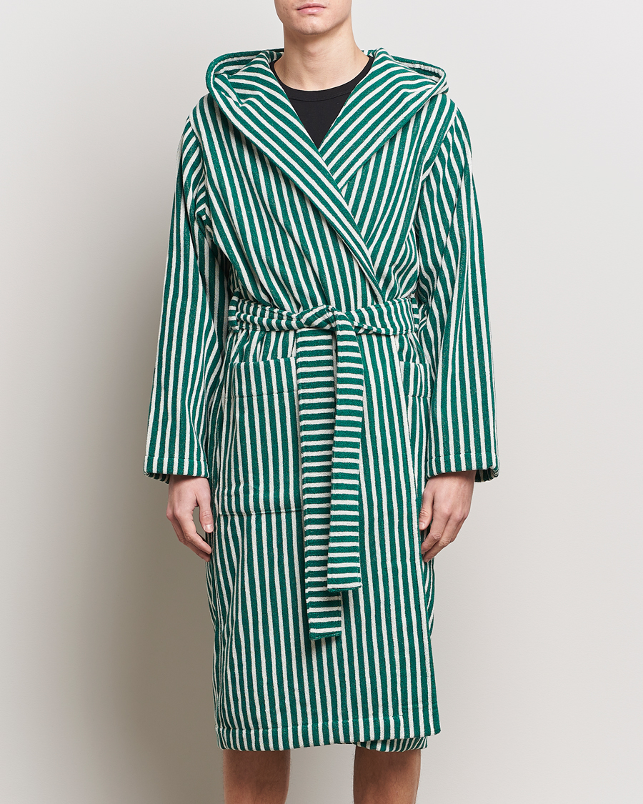 Herre | Pyjamas & Morgenkåber | Tekla | Organic Terry Hooded Bathrobe Teal Green Stripes