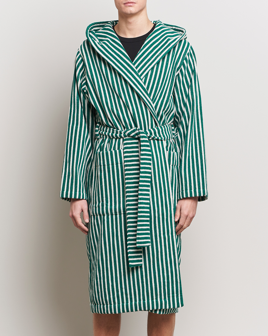 Herre |  | Tekla | Organic Terry Hooded Bathrobe Teal Green Stripes