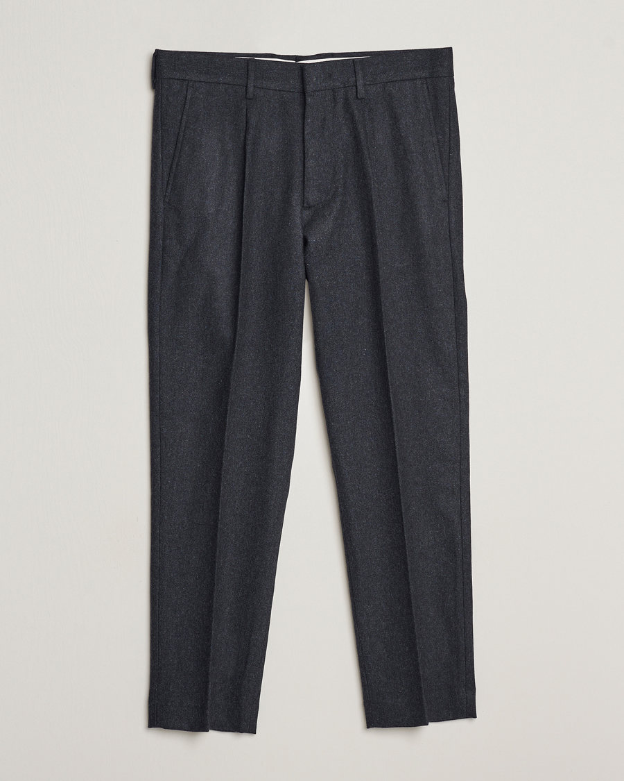 Herre | Bukser | NN07 | Bill Brushed Flannel Pleated Trousers Navy Blue