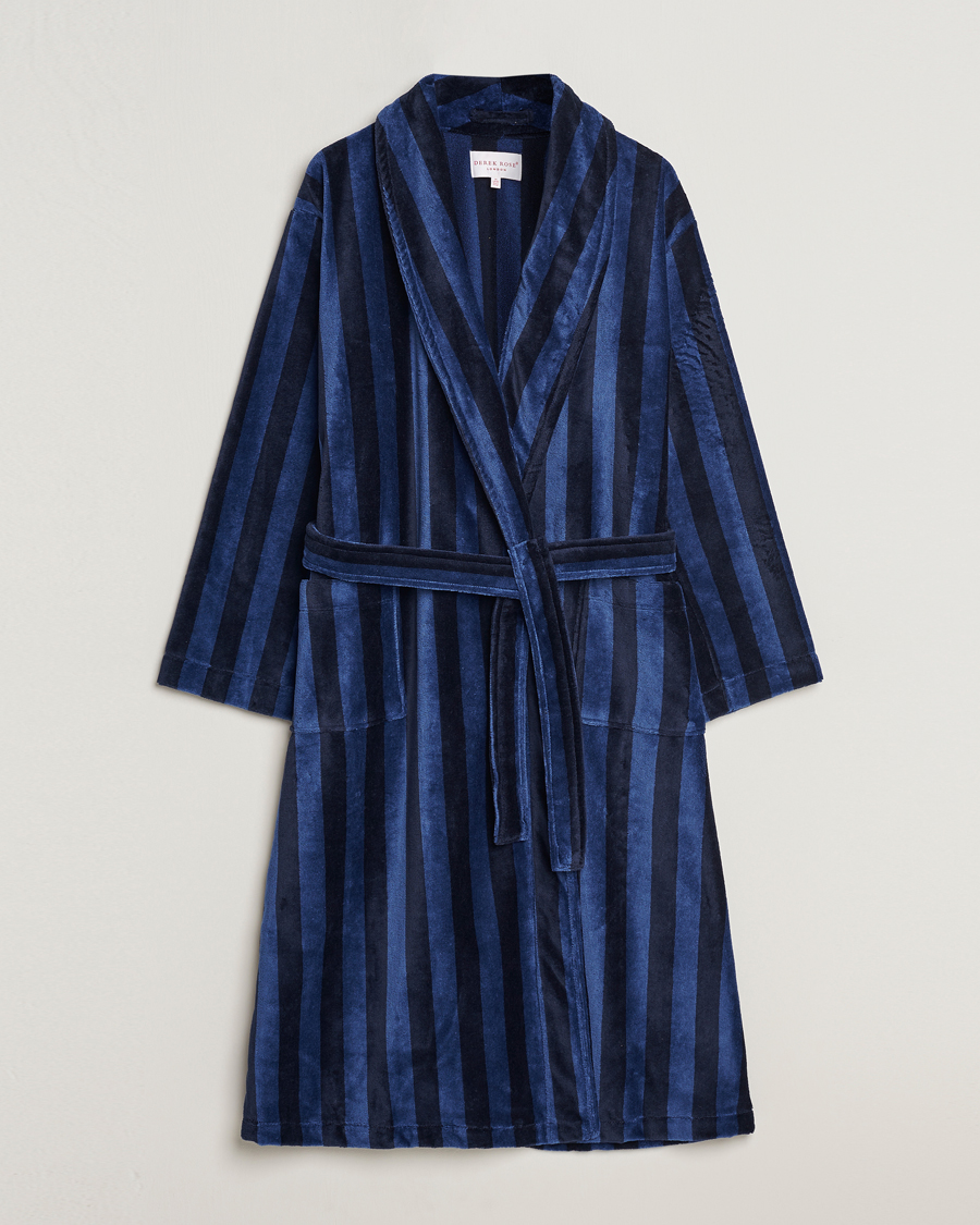 Herre | Pyjamas & Morgenkåber | Derek Rose | Striped Cotton Velour Gown Navy