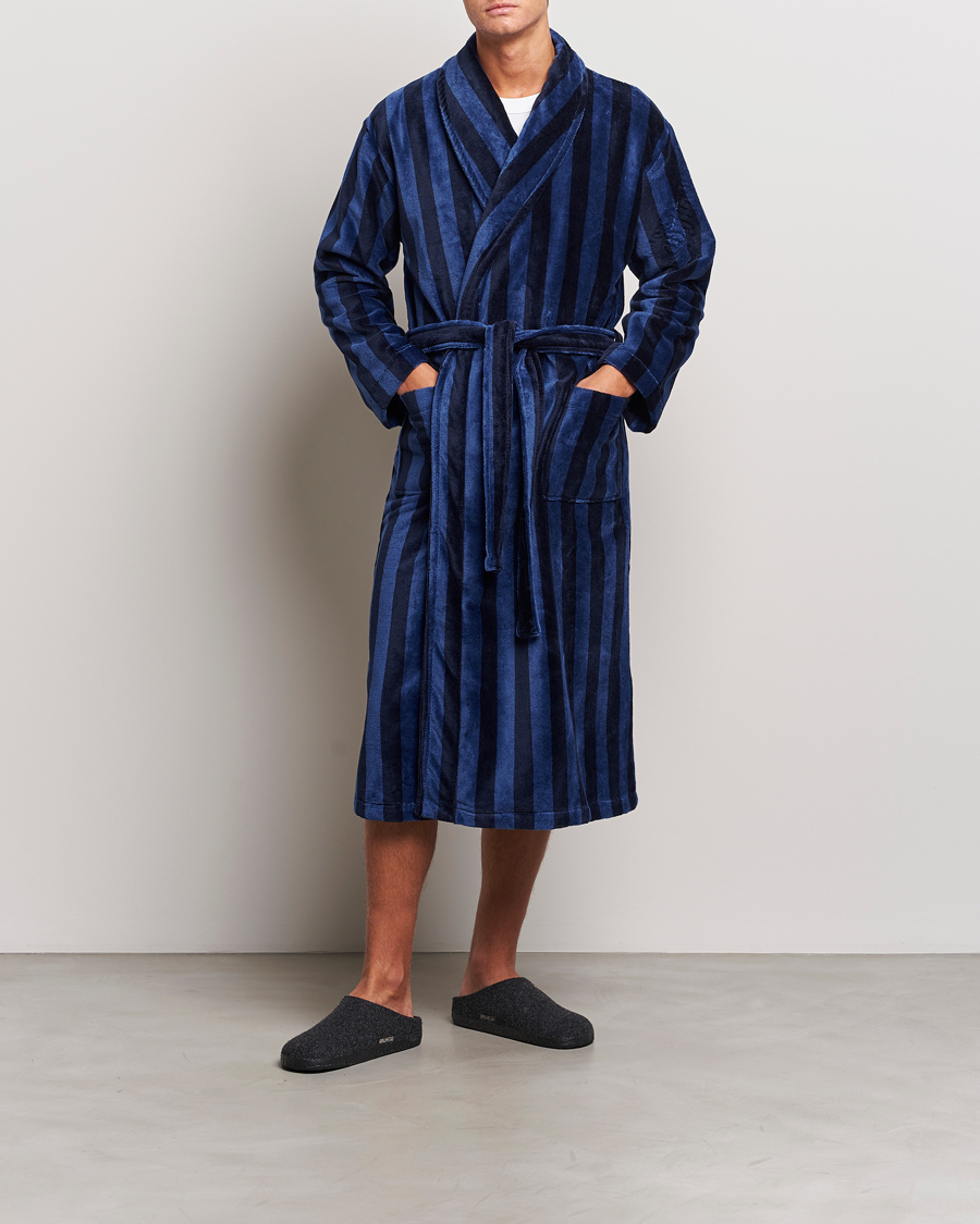 Herre | Pyjamas & Morgenkåber | Derek Rose | Striped Cotton Velour Gown Navy