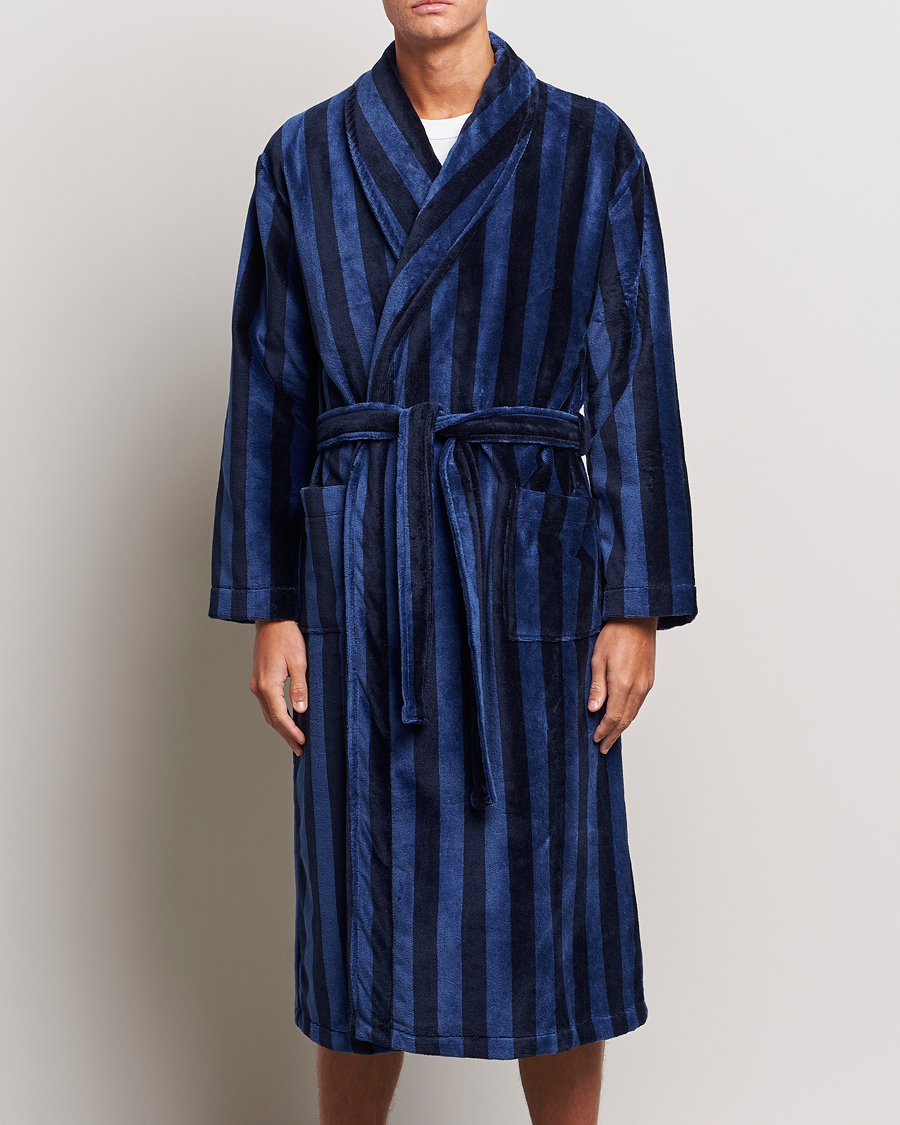 Herre | Tøj | Derek Rose | Cotton Velour Striped Gown Navy/Blue