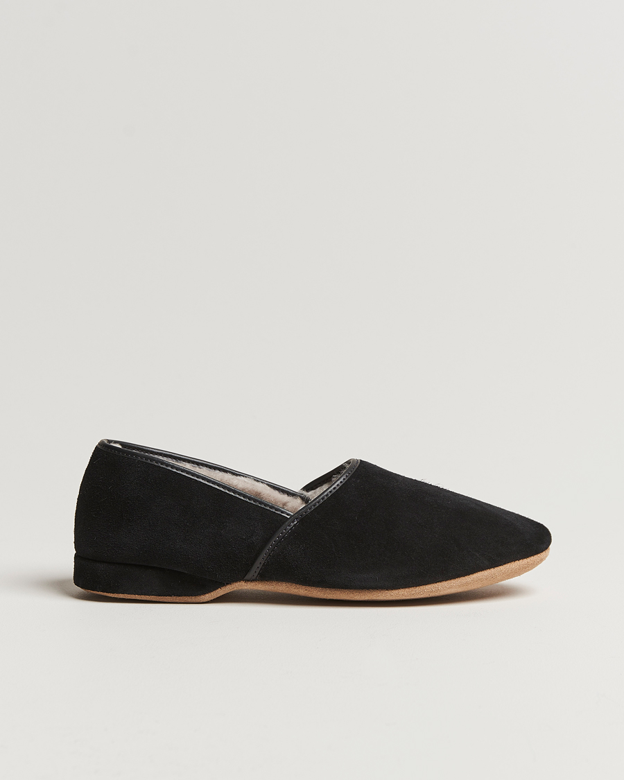 Herre | Derek Rose Crawford Sheepskin Suede Slippers Black | Derek Rose | Crawford Sheepskin Suede Slippers Black