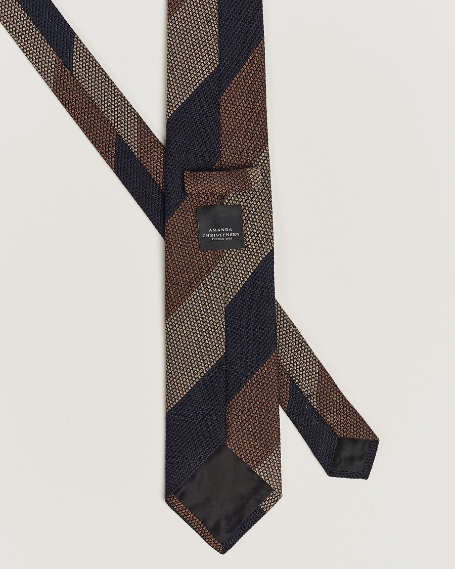 Herre | Amanda Christensen Silk Grenadine 8cm Block Striped Tie Brown/Navy/Beige | Amanda Christensen | Silk Grenadine 8cm Block Striped Tie Brown/Navy/Beige