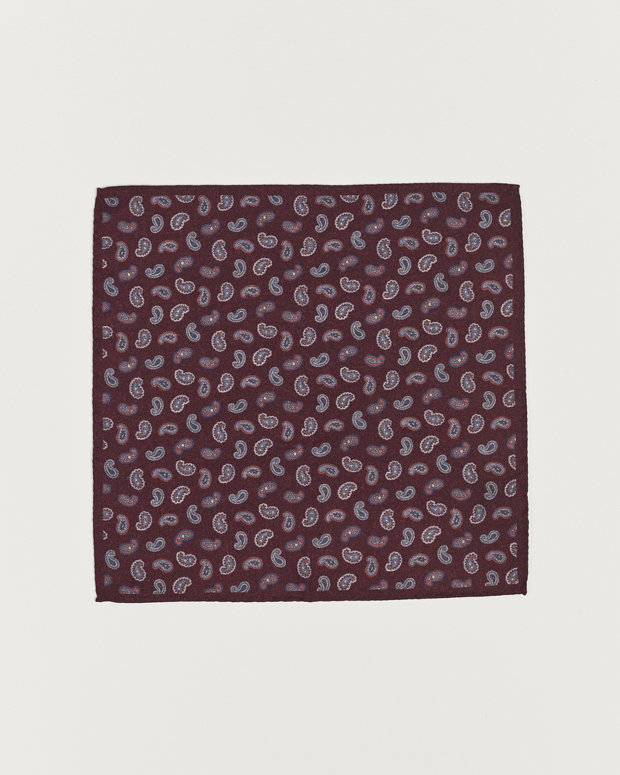 Herre | Amanda Christensen Wool Flannel Printed Paisley Pocket Square Wine | Amanda Christensen | Wool Flannel Printed Paisley Pocket Square Wine