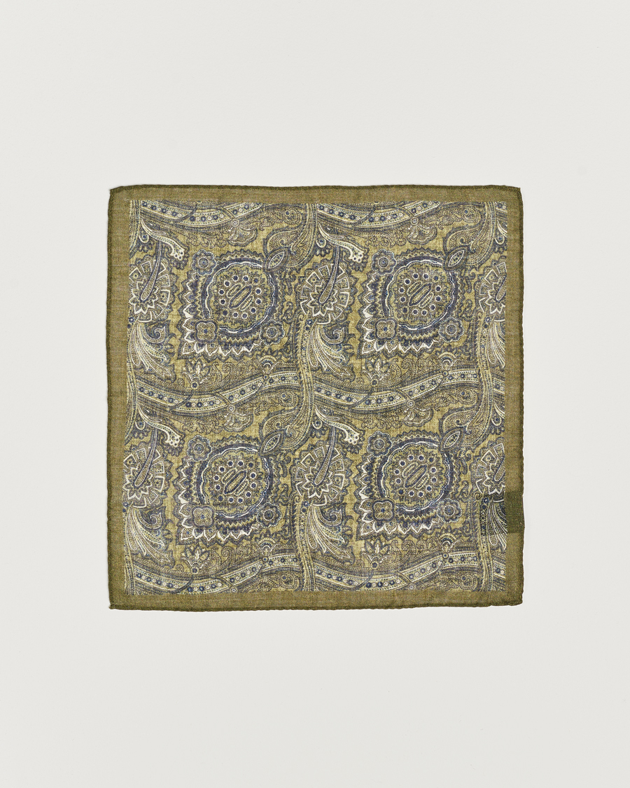 Herre | Amanda Christensen Wool Printed Large Paisley Pocket Square Green Melange | Amanda Christensen | Wool Printed Large Paisley Pocket Square Green Melange