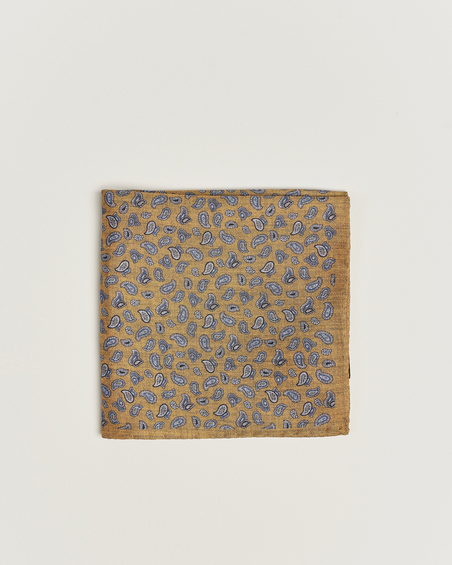 Herre | Amanda Christensen Silk Oxford Printed Paisley Pocket Square Yellow | Amanda Christensen | Silk Oxford Printed Paisley Pocket Square Yellow