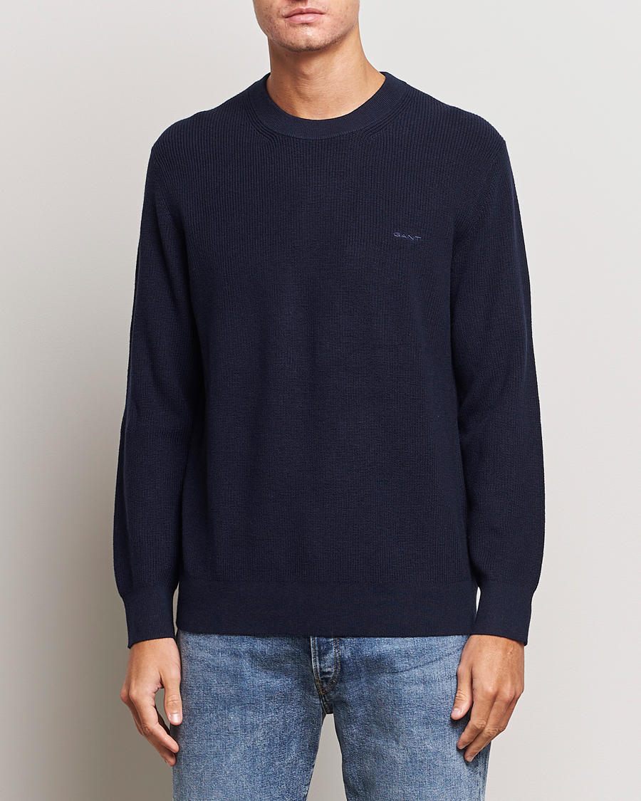 Herre | Trøjer | GANT | Cotton/Wool Rib Knitted Crew Neck Evening Blue