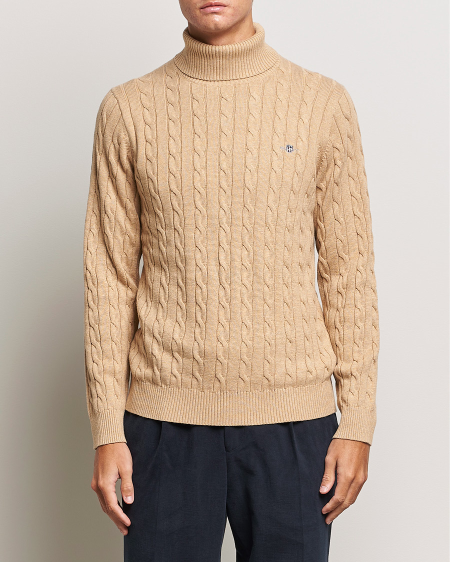 Herre | Trøjer | GANT | Cotton Cable Turtleneck Khaki Melange