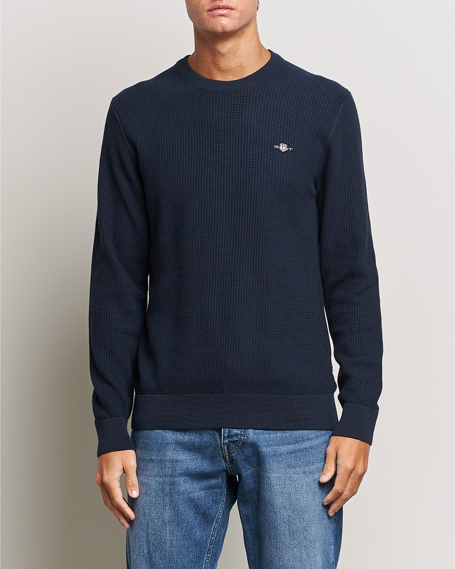 Herre | Trøjer | GANT | Cotton Micro Textured Crew Neck Evening Blue