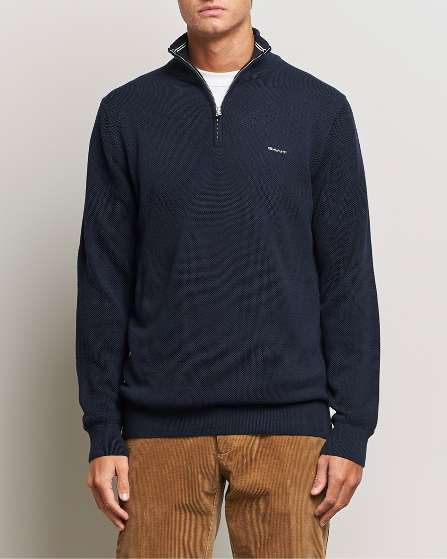 Herr | Tröjor | GANT | Cotton Pique Half-Zip Sweater Evening Blue