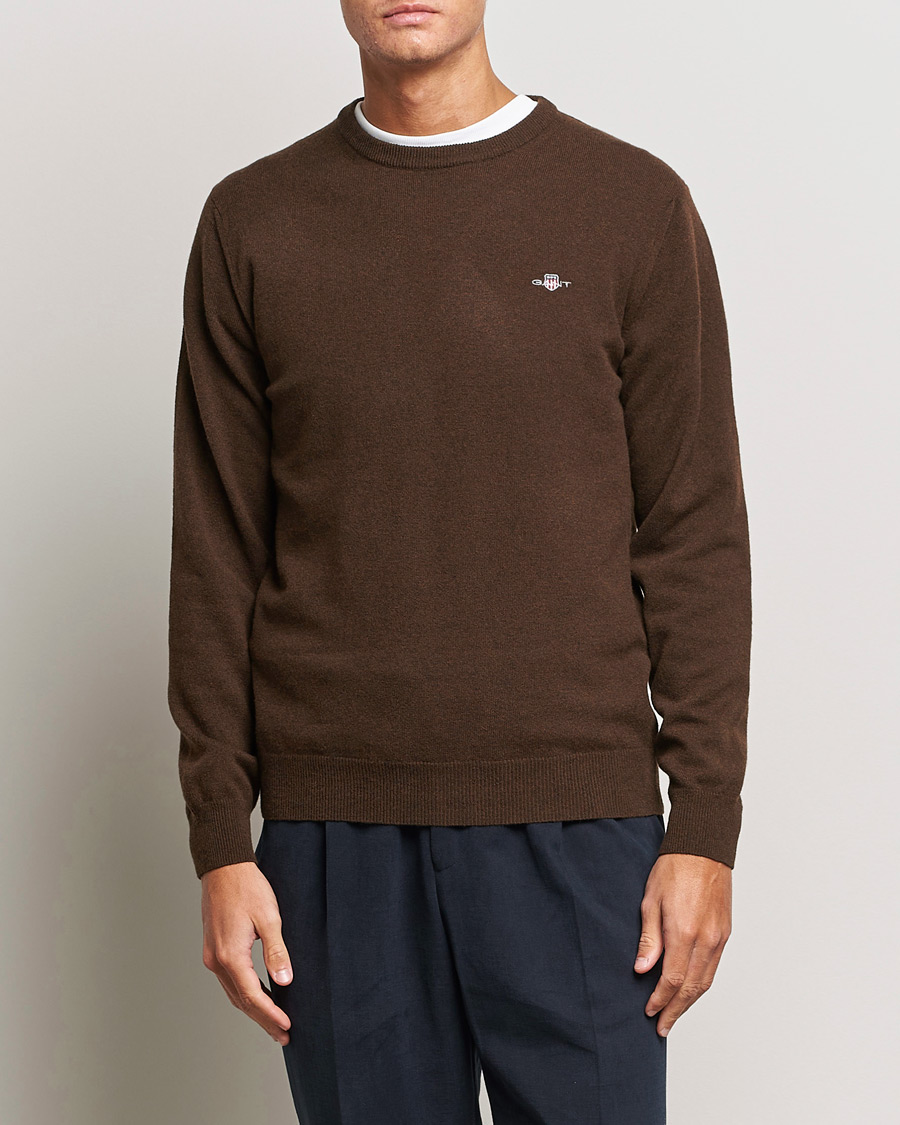 Herre | Trøjer | GANT | Lambswool Crew Neck Pullover Dark Brown Melange
