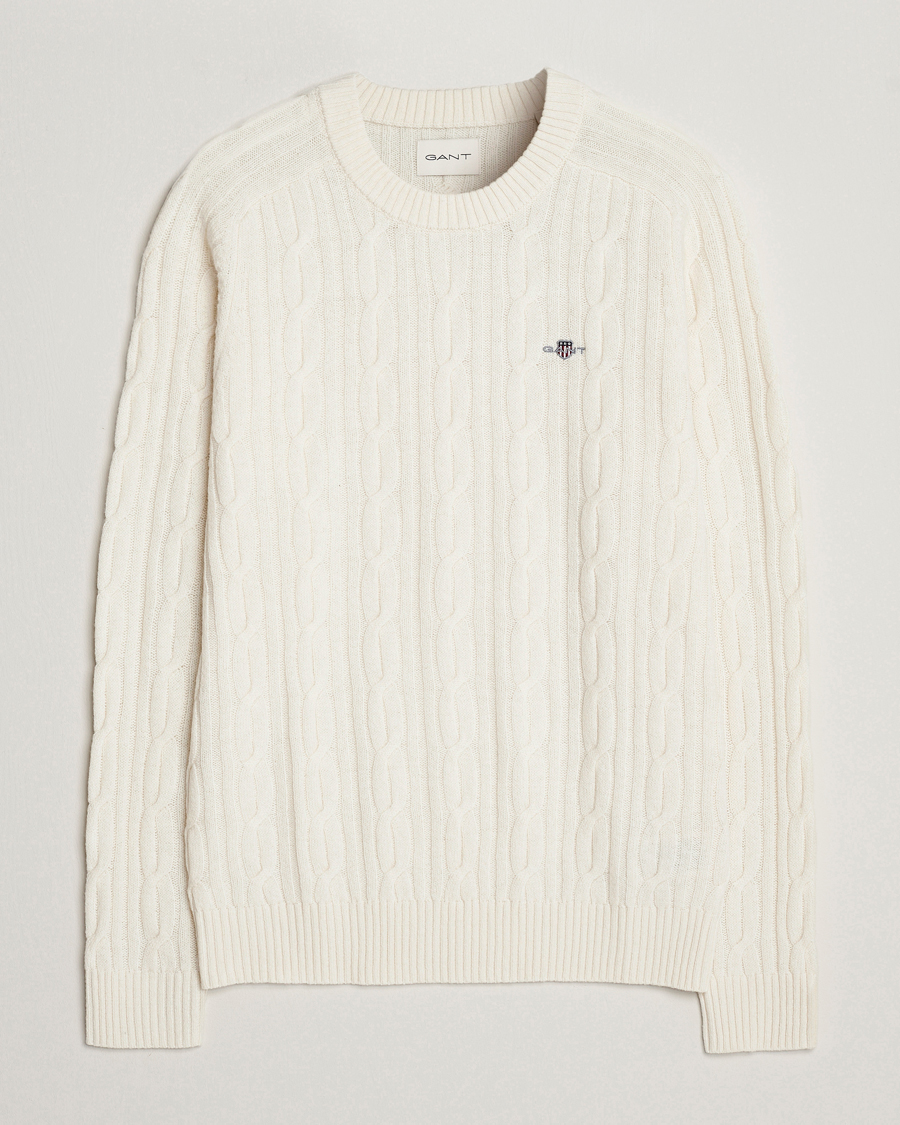 Herre | Trøjer | GANT | Lambswool Cable Crew Neck Pullover Cream