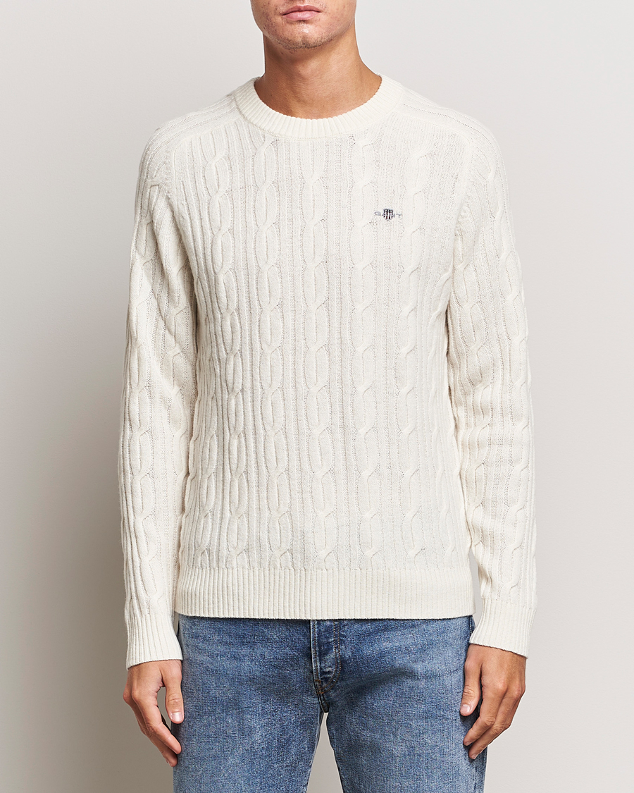 Herre | Pullovers med rund hals | GANT | Lambswool Cable Crew Neck Pullover Cream