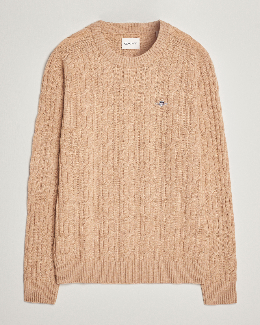Herre | Trøjer | GANT | Lambswool Cable Crew Neck Pullover Khaki Melange