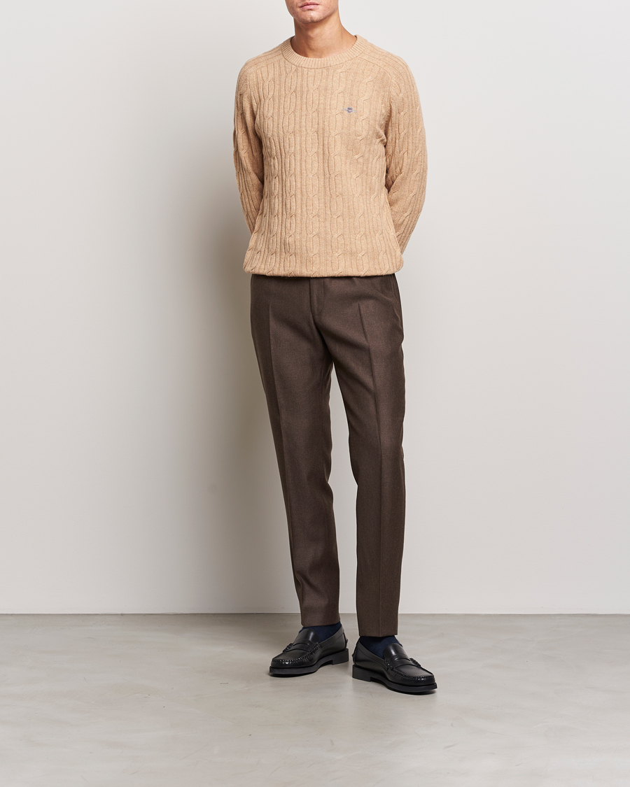 Herre | Trøjer | GANT | Lambswool Cable Crew Neck Pullover Khaki Melange