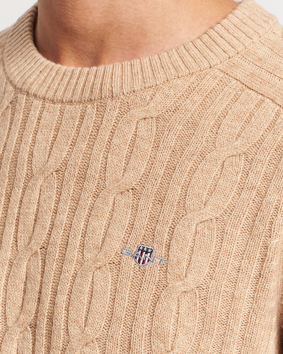 Herre | Trøjer | GANT | Lambswool Cable Crew Neck Pullover Khaki Melange