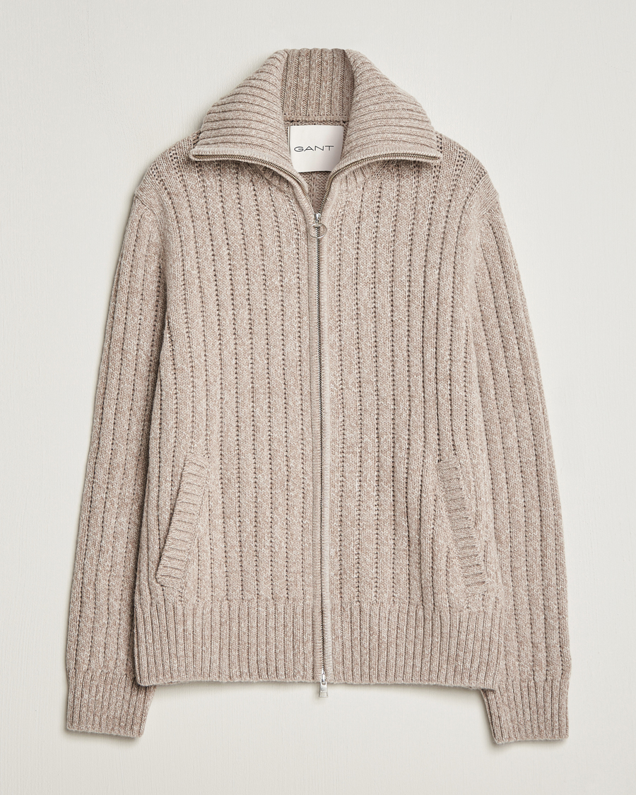 Herre | Trøjer | GANT | Heavy Structured Knitted Full Zip Light Beige Melange