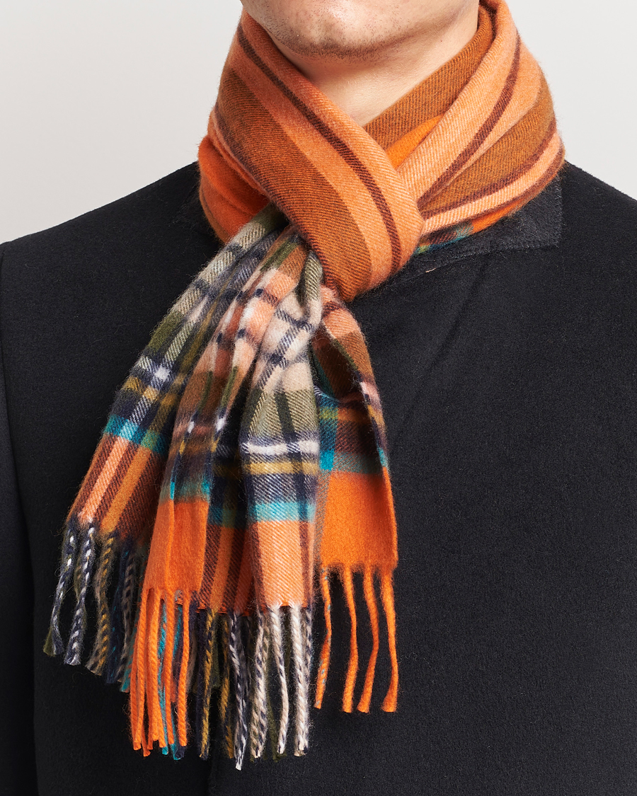Herre | Begg & Co Striped/Checked Cashmere Scarf 30*160cm Orange | Begg & Co | Striped/Checked Cashmere Scarf 30*160cm Orange