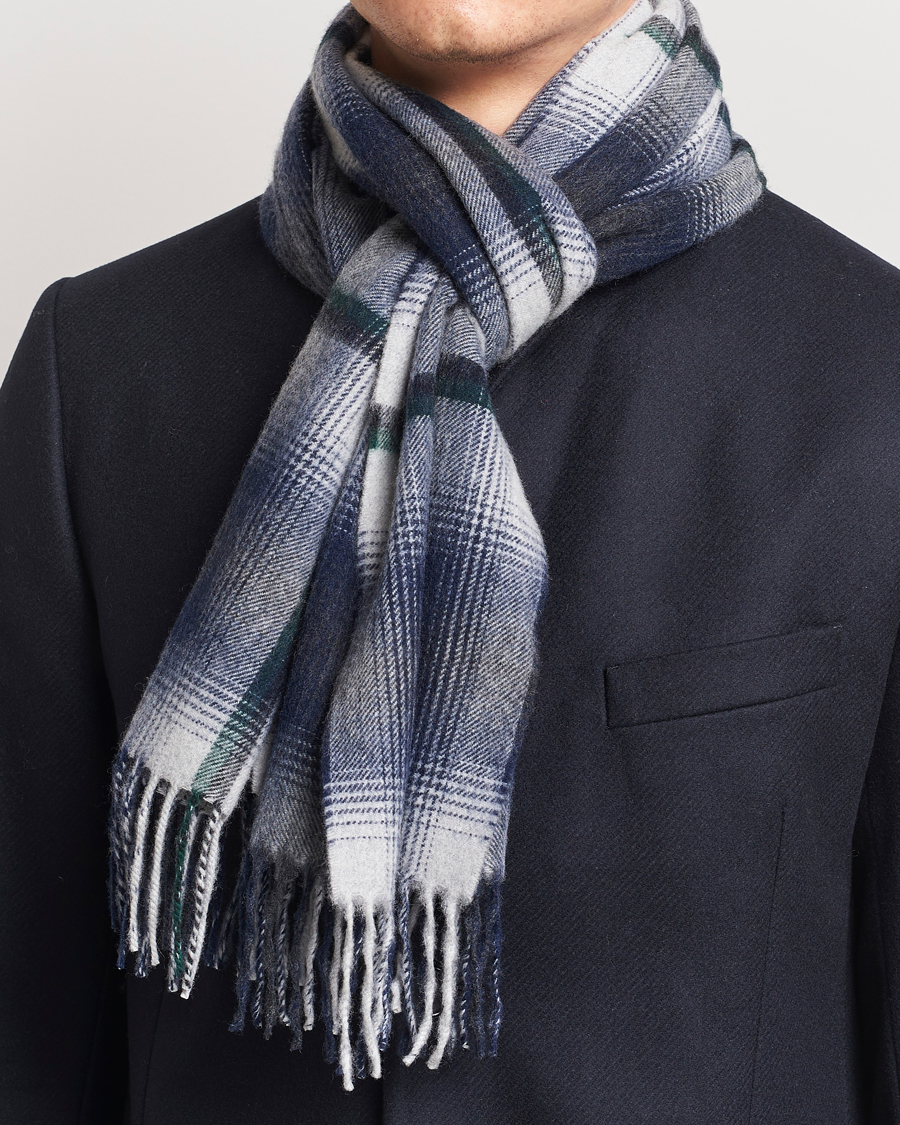 Herre |  | Begg & Co | Wool/Cashmere Shadow Check Scarf 32*180cm Silver/Navy