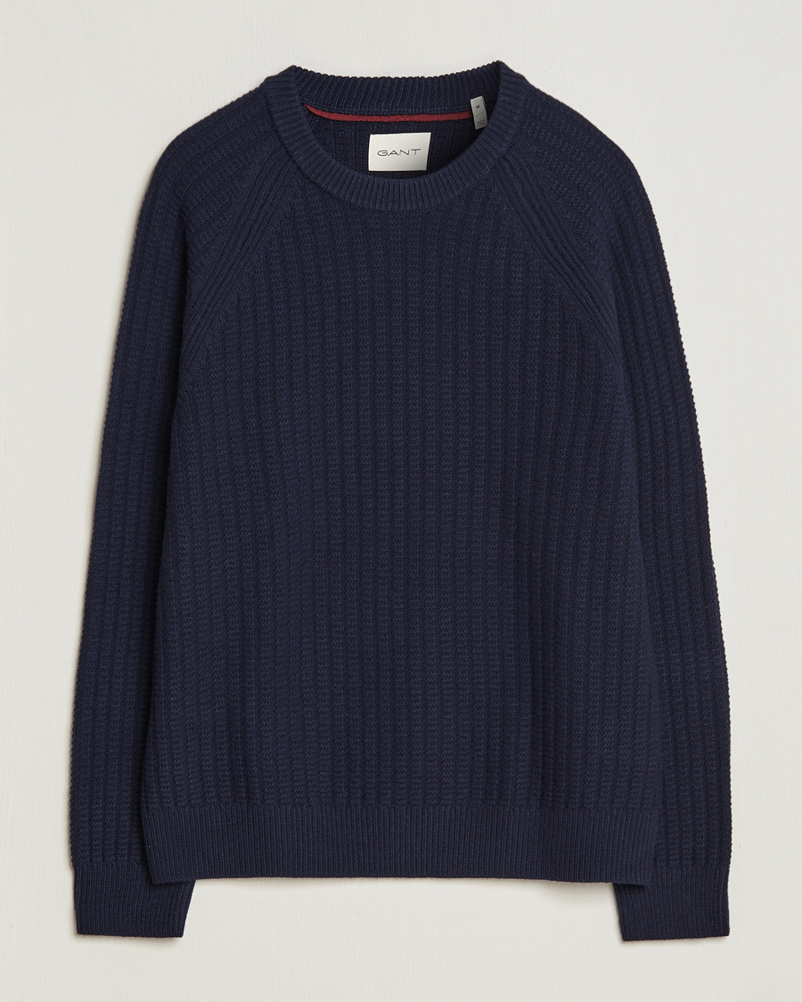 Herre | Trøjer | GANT | Textured Raglan Knitted Crew Neck Evening Blue