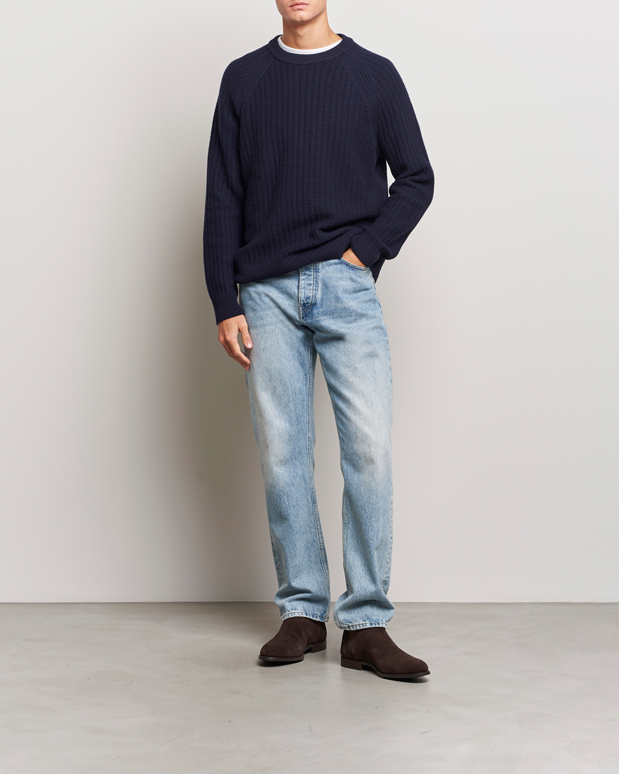 Herre | Trøjer | GANT | Textured Raglan Knitted Crew Neck Evening Blue