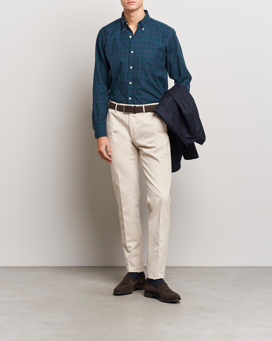 Herre | Skjorter | Kamakura Shirts | Vintage Ivy Blackwatch Flannel Shirt Navy/Green