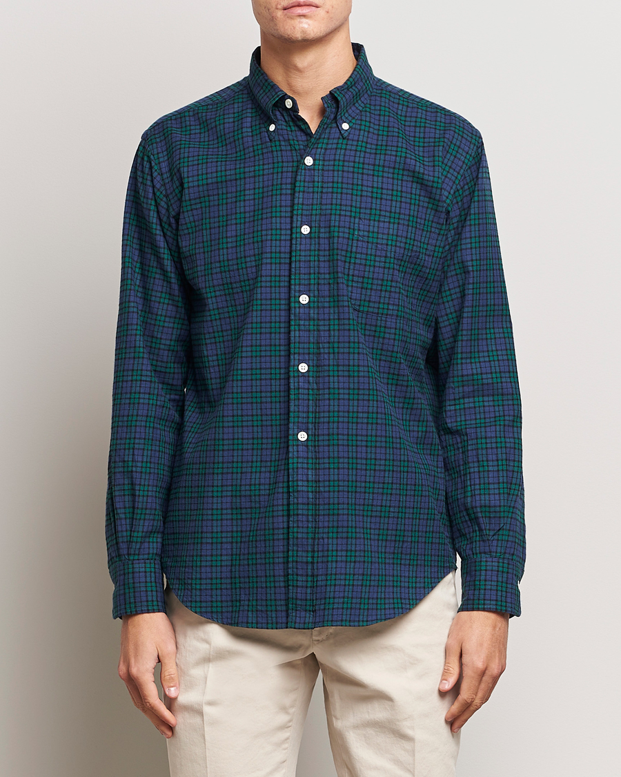 Herre | Skjorter | Kamakura Shirts | Vintage Ivy Blackwatch Flannel Shirt Navy/Green