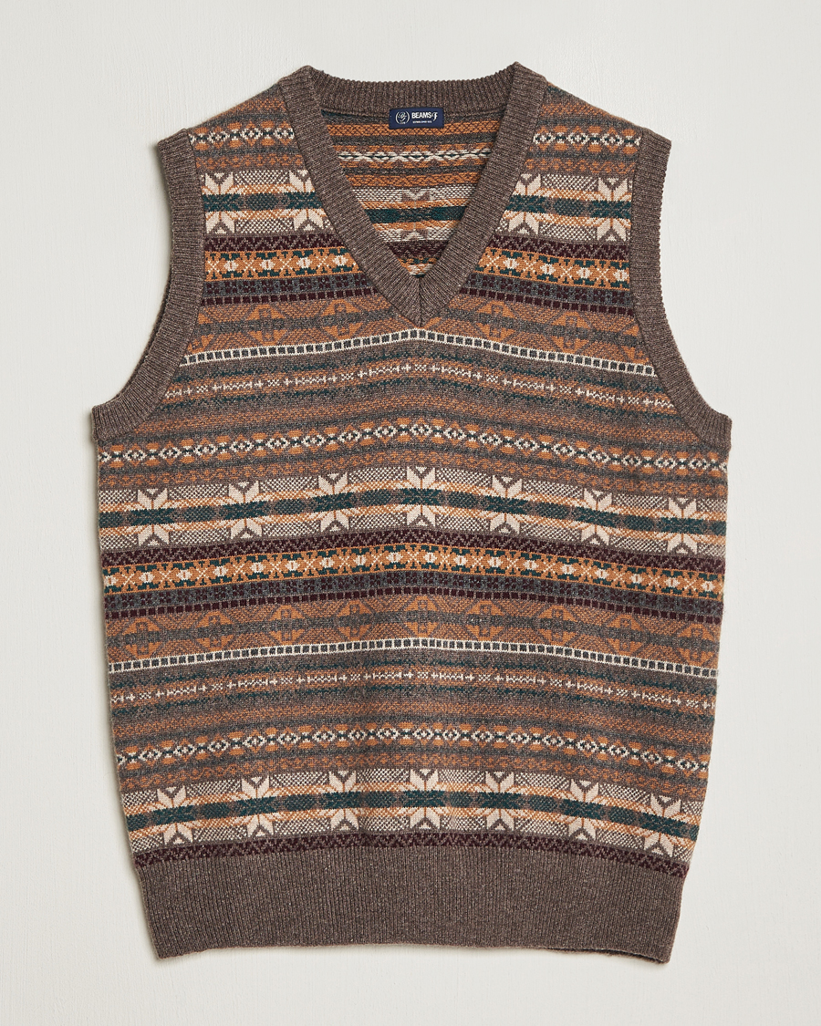 Herre | Trøjer | Beams F | Cashmere Fairisle Vest Dark Brown