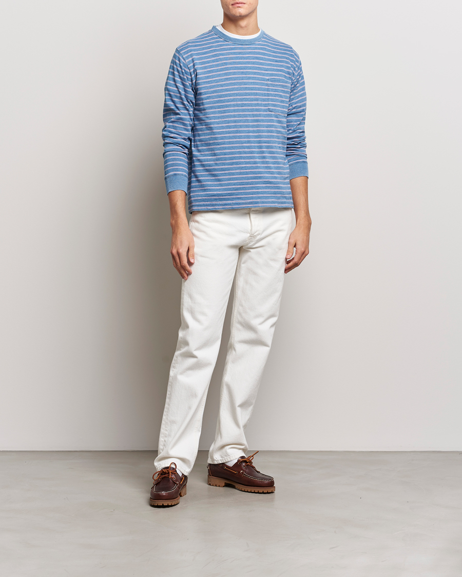 Herre | T-Shirts | BEAMS PLUS | Indigo Stripe Long Sleeve T-Shirt Light Blue