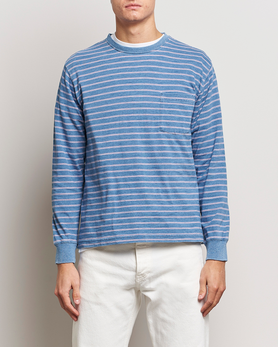Herre | T-Shirts | BEAMS PLUS | Indigo Stripe Long Sleeve T-Shirt Light Blue