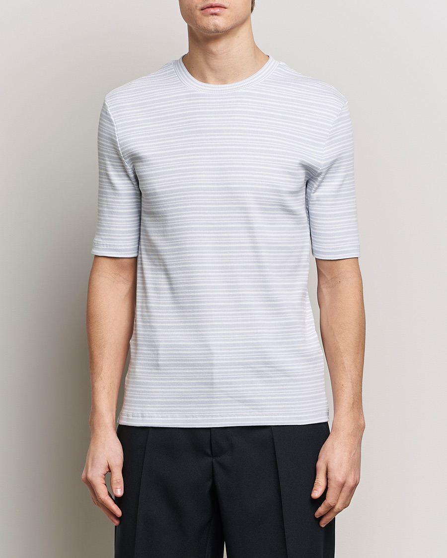 Herre | Kortærmede t-shirts | Filippa K | Striped Rib T-Shirt Mist Blue/White
