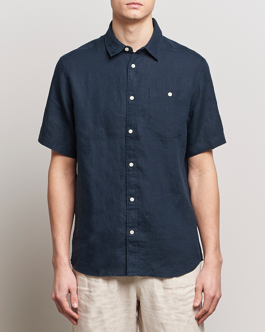 Herre | Kortærmede skjorter | KnowledgeCotton Apparel | Regular Short Sleeve Linen Shirt Total Eclipse