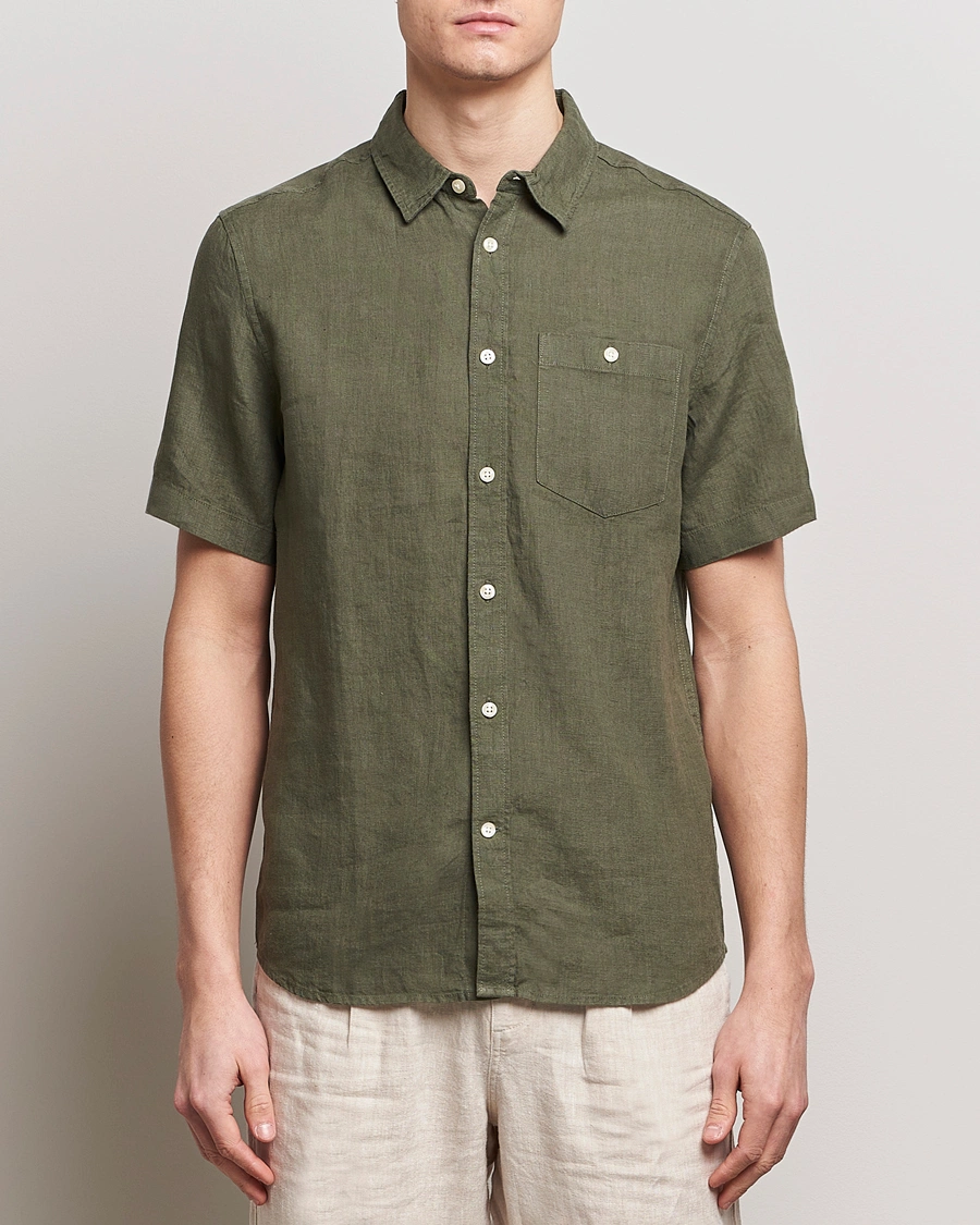 Herr | Kläder | KnowledgeCotton Apparel | Regular Short Sleeve Linen Shirt Burned Olive