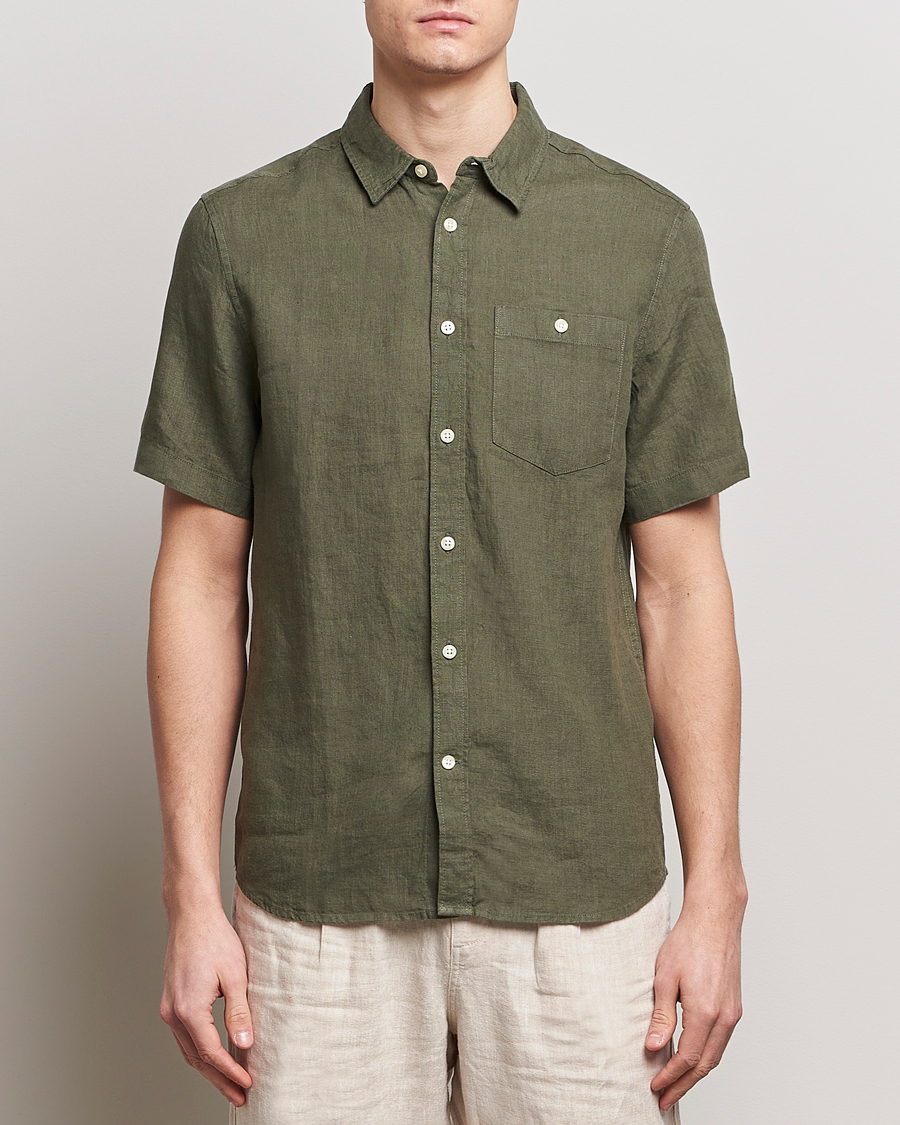 Herre | Kortærmede skjorter | KnowledgeCotton Apparel | Regular Short Sleeve Linen Shirt Burned Olive