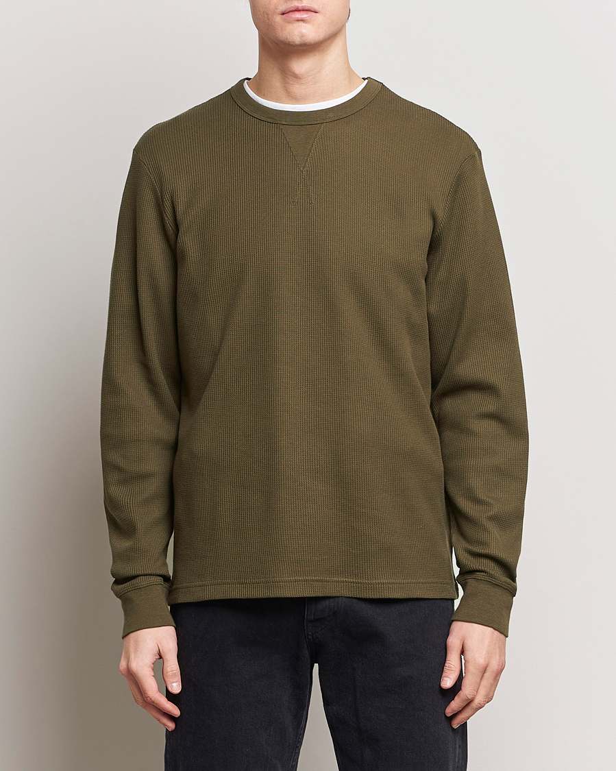 Herre | Tøj | Sunspel | Long Sleeve Waffle T-Shirt Dark Olive