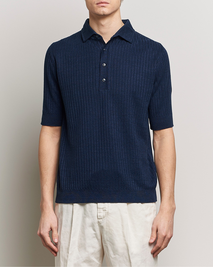 Herre | Tøj | Lardini | Structured Linen/Cotton Polo Navy