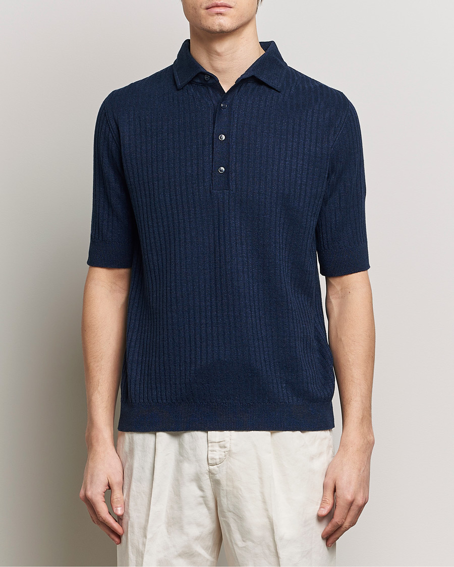 Herre |  | Lardini | Structured Linen/Cotton Polo Navy