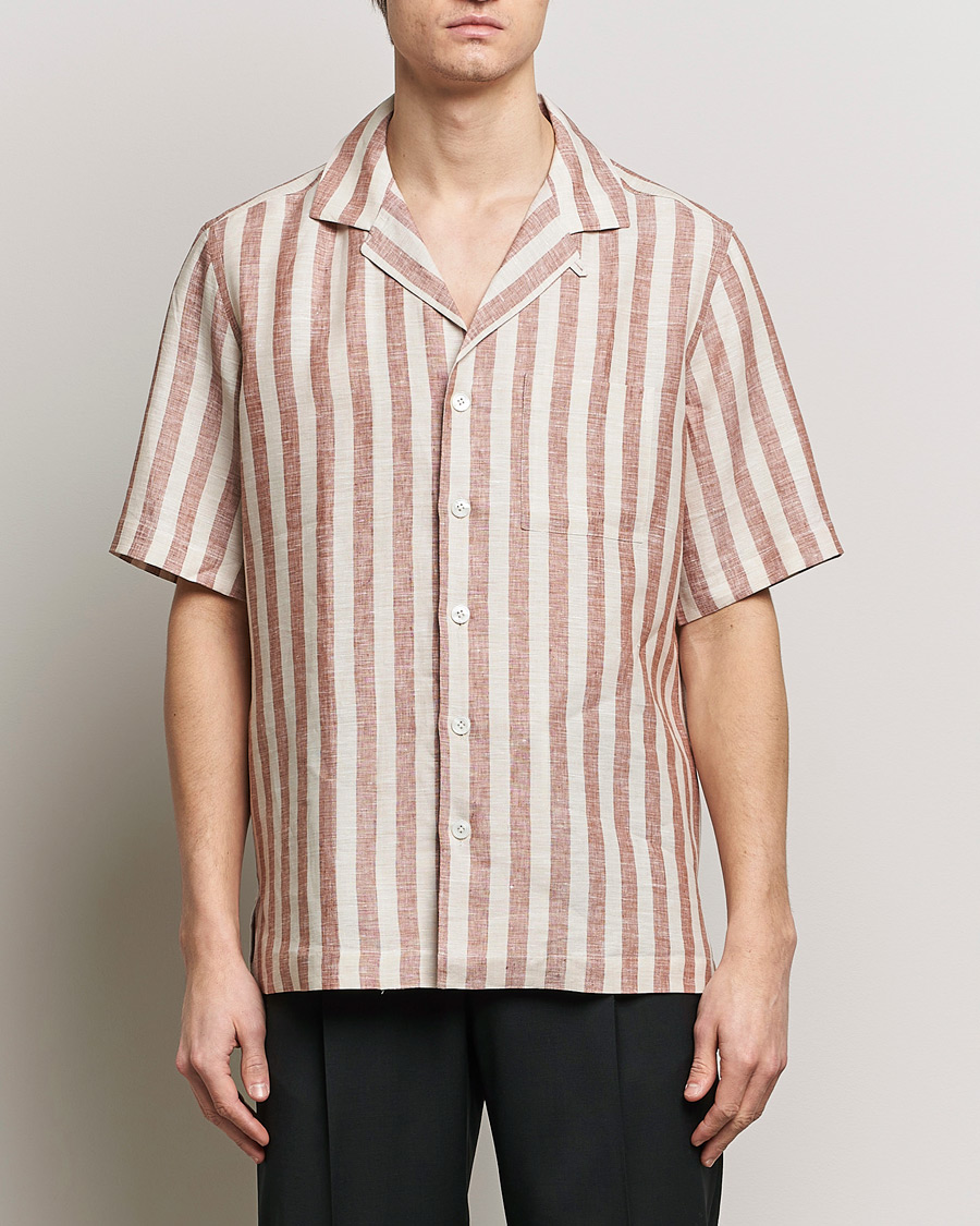 Herre | Italian Department | Lardini | Striped Short Sleeve Linen Shirt Beige/Red