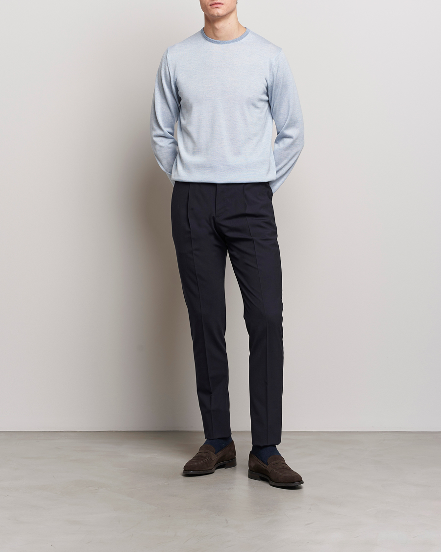 Herre | Trøjer | Stenströms | Merino Contrast Crew Neck Light Blue